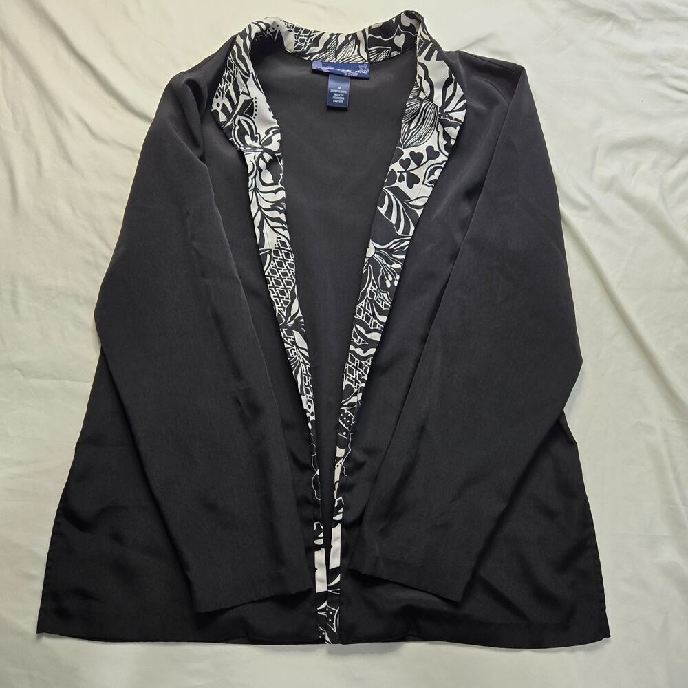 Susan Graver Style Women' M Black Open Front Jacket Floral Trim Long Sleeve